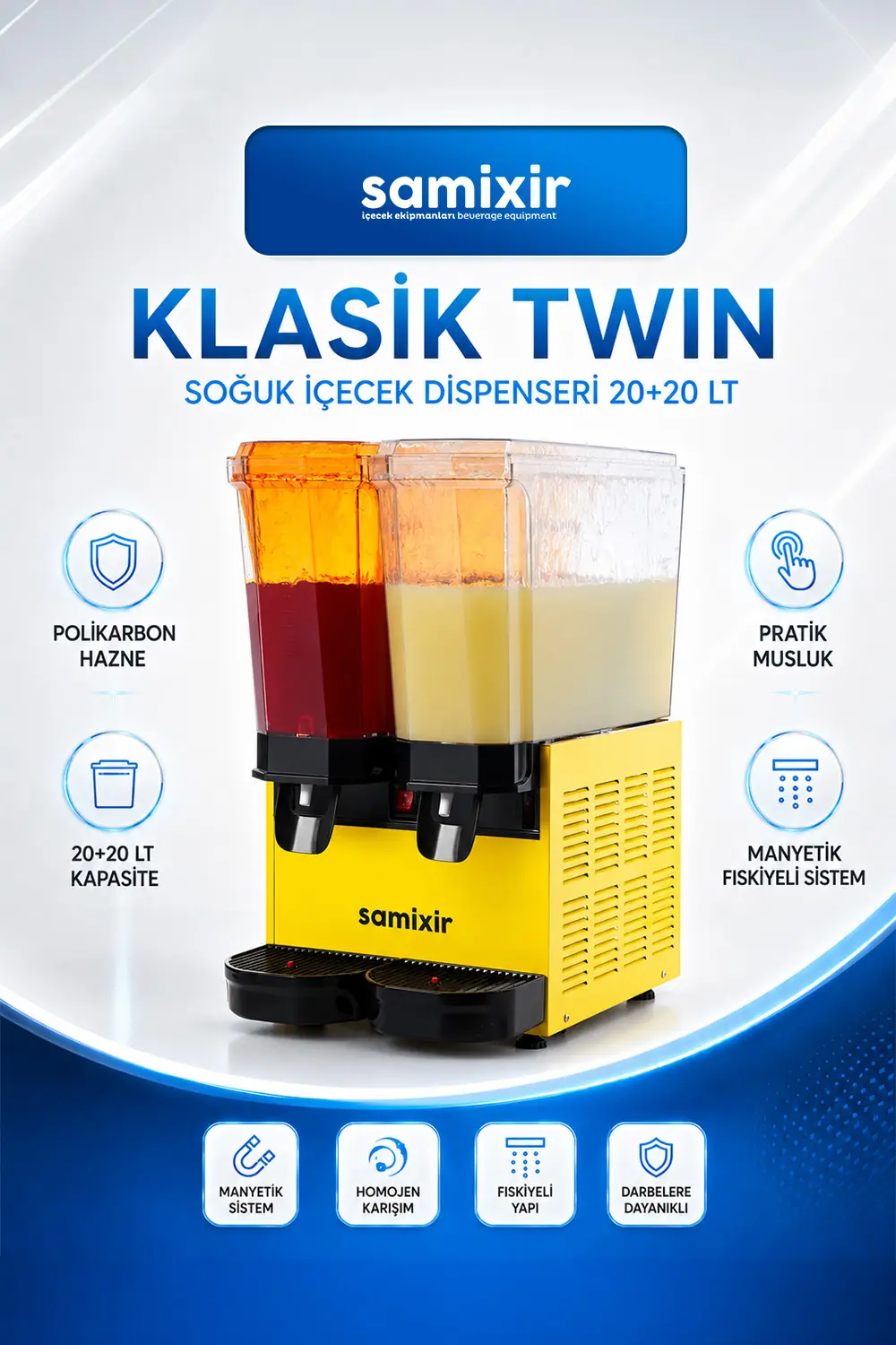 Samixir Klasik Twin Soğuk İçecek Dispenseri (20+20 Lt) Fıskiyeli, Sarı