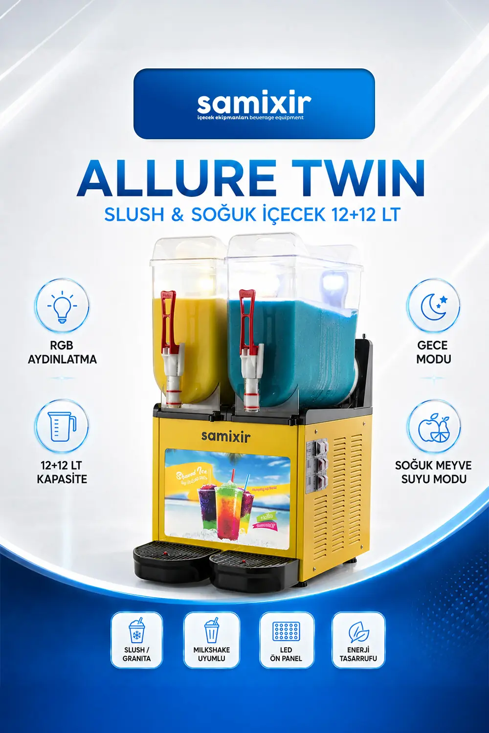 Samixir Allure Twin Ice Slush Granita Milkshake ve Soğuk Meyve Suyu Dispenseri (12+12 Lt) Sarı