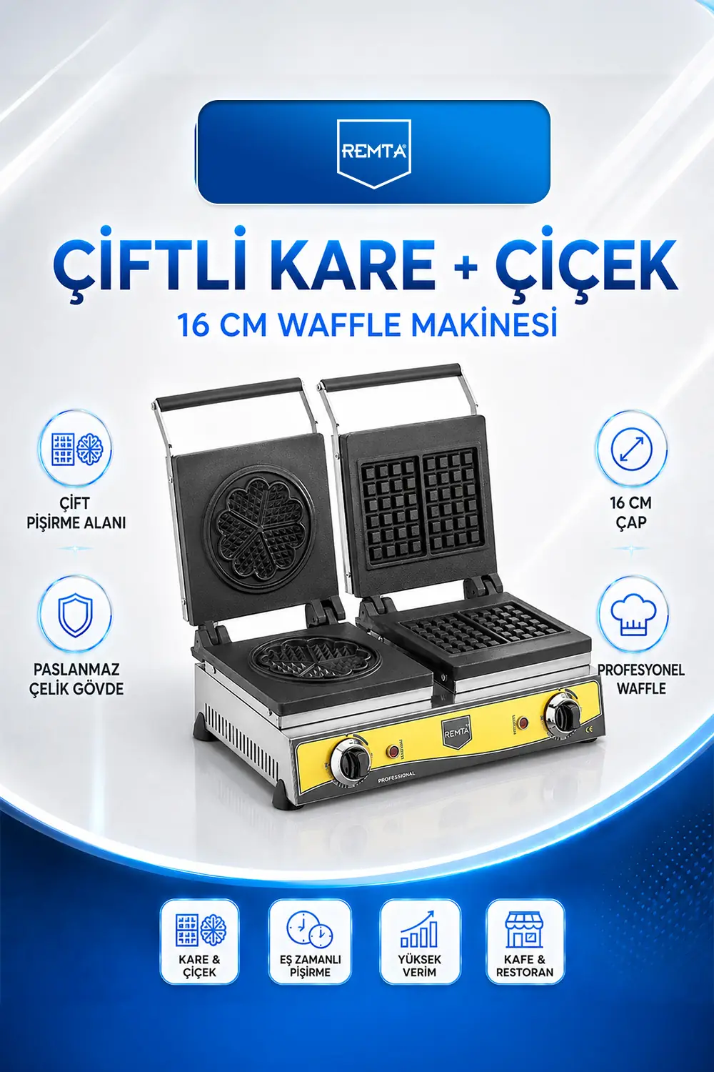 Çiftli Kare+Çiçek Model (16 cm Çap) Waffle Makinesi Elektrikli